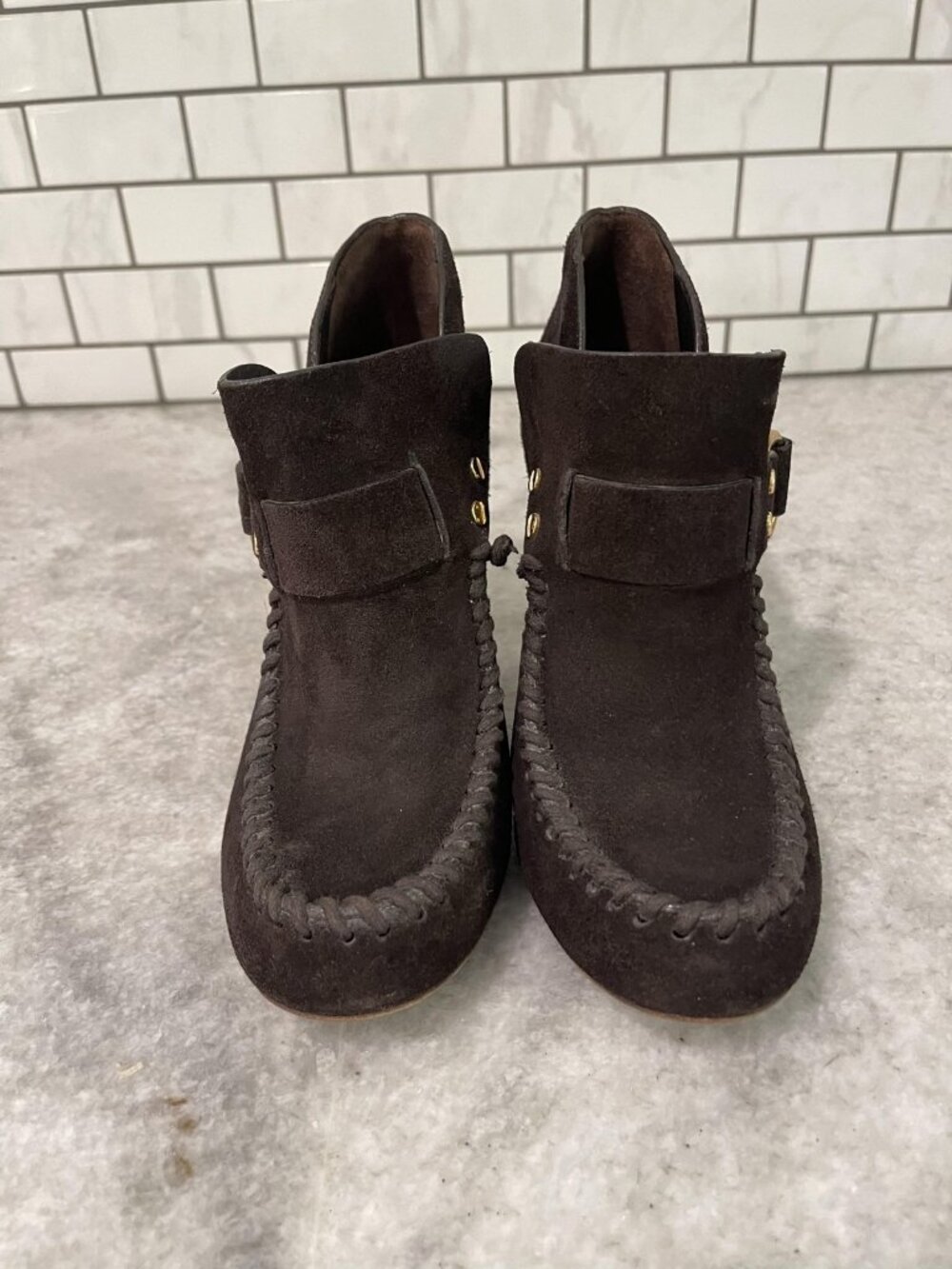 Tory Burch Belen Booties Womens 7.5 Brown Suede Ankle Stiletto Heels Booties - Picture 2 of 13